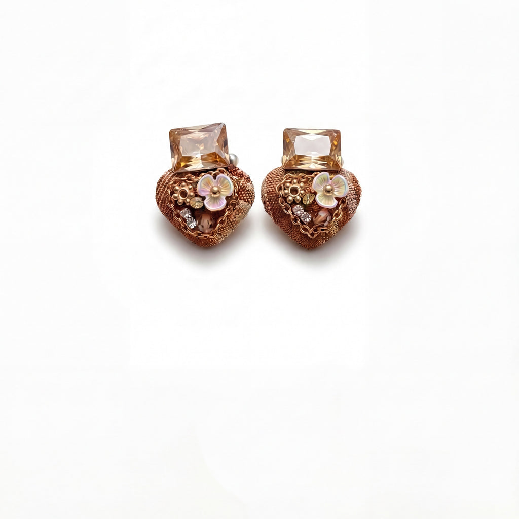 Korean Champagne Crystal & Tweed Heart Studs : YUFSER277