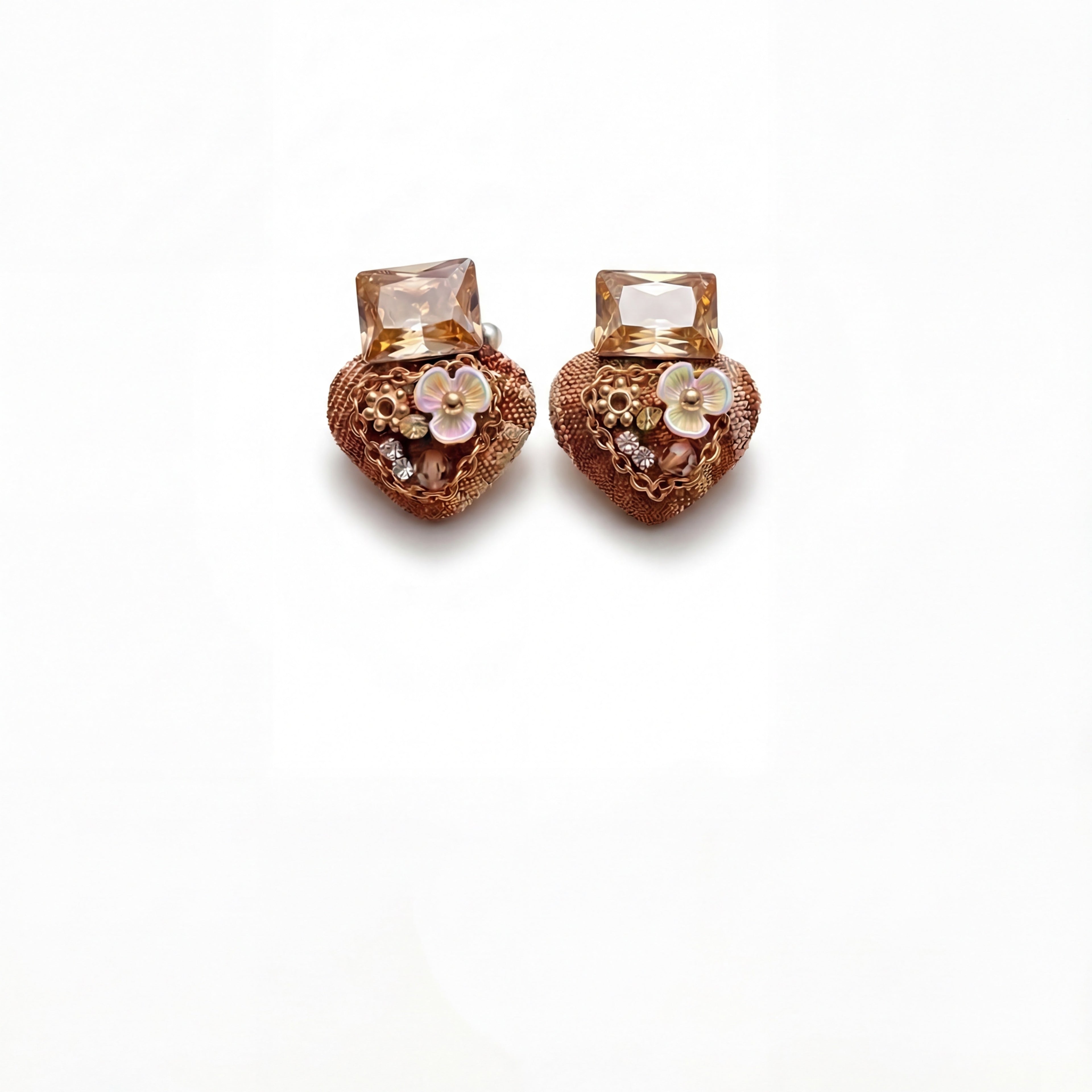 Korean Champagne Crystal & Tweed Heart Studs : YUFSER277