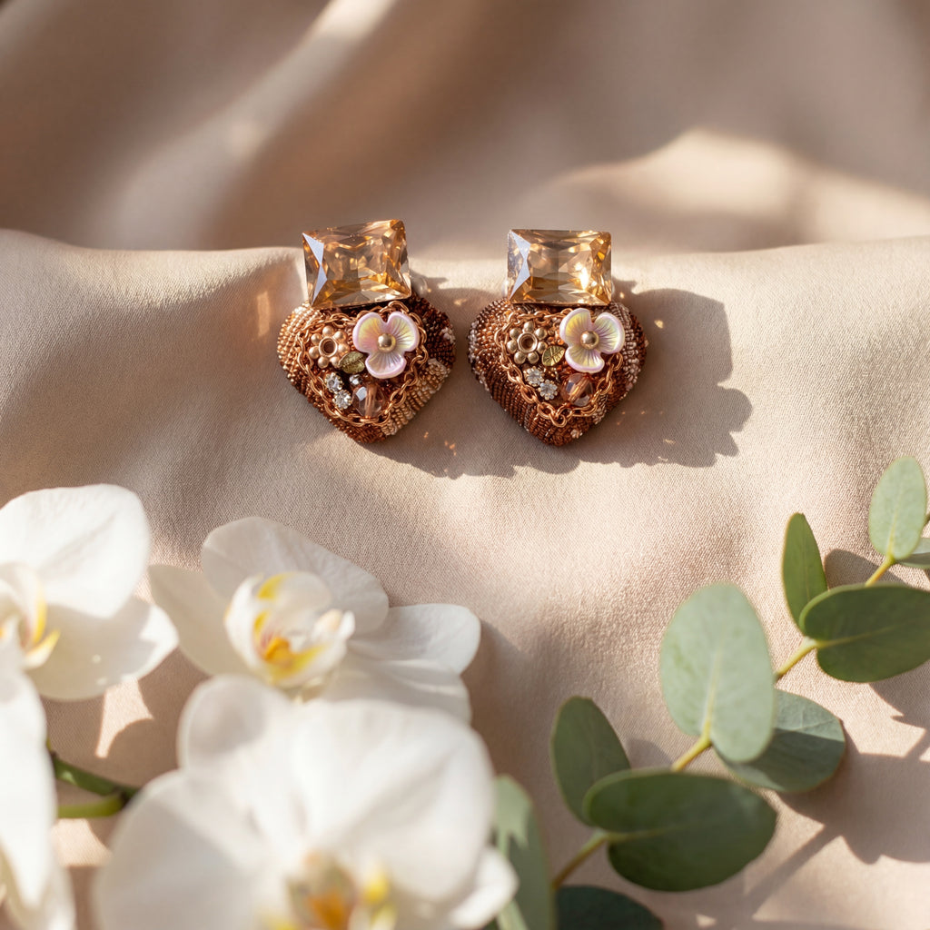 Korean Champagne Crystal & Tweed Heart Studs : YUFSER277