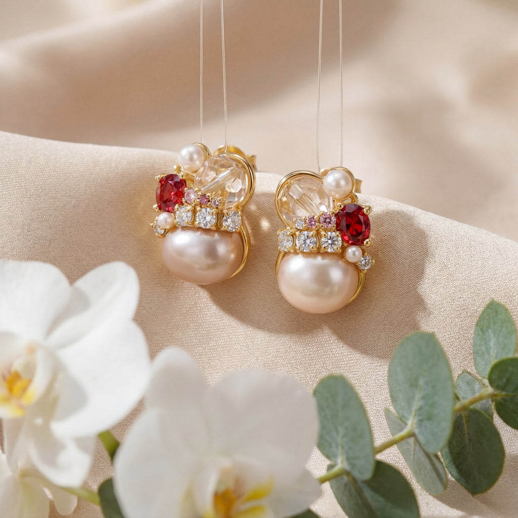 Korean Vintage Royal Gem & Pearl Earrings : YUFSER278