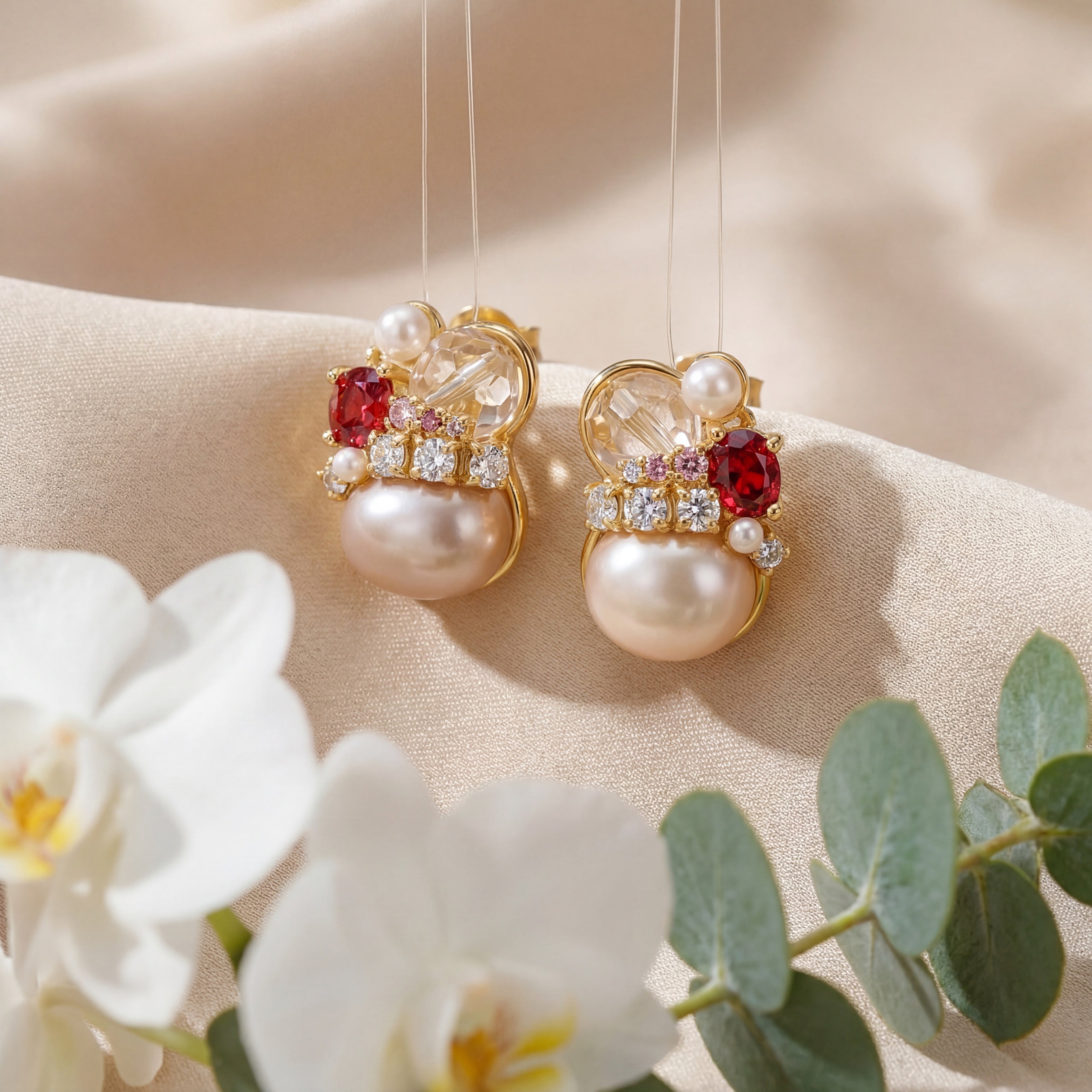 Korean Vintage Royal Gem & Pearl Earrings : YUFSER278