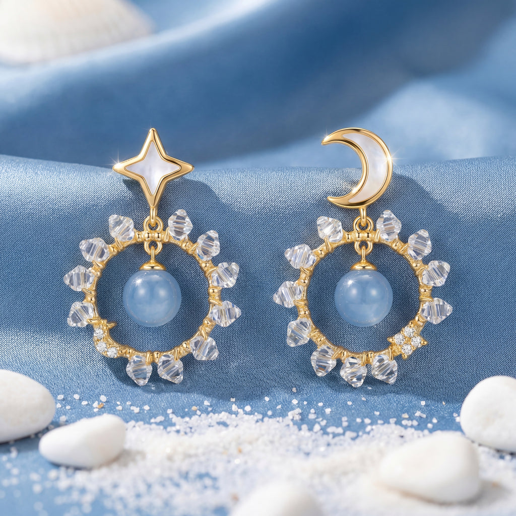 Korean Celestial Blue Moon & Star Drop Earrings : YUFSER279
