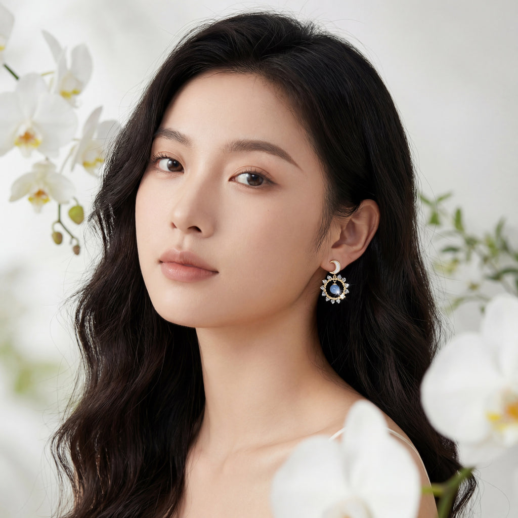 Korean Celestial Blue Moon & Star Drop Earrings : YUFSER279