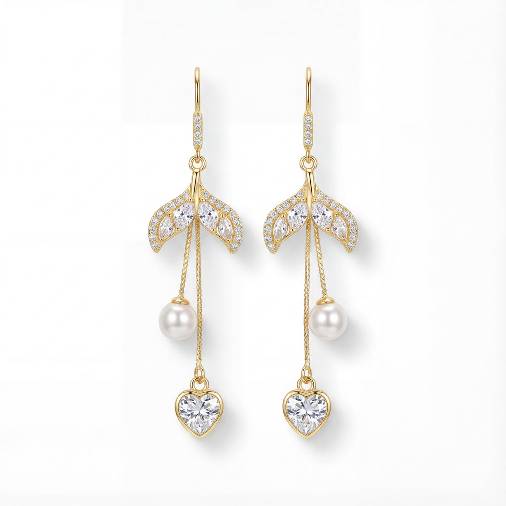 Korean Sparkling Flora & Heart Statement Dangles : YUFSER284
