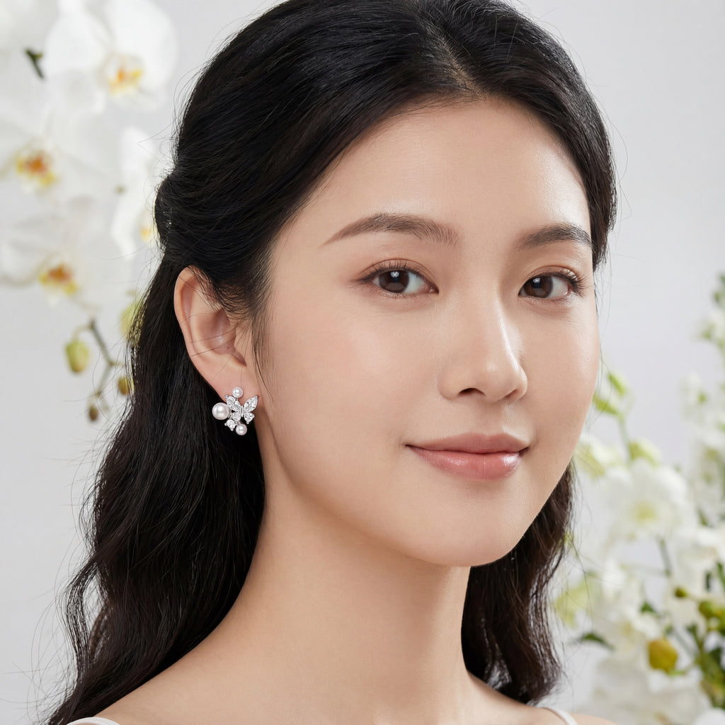 Korean Pearl & Pavé Crystal Butterfly Studs : YUFSER281