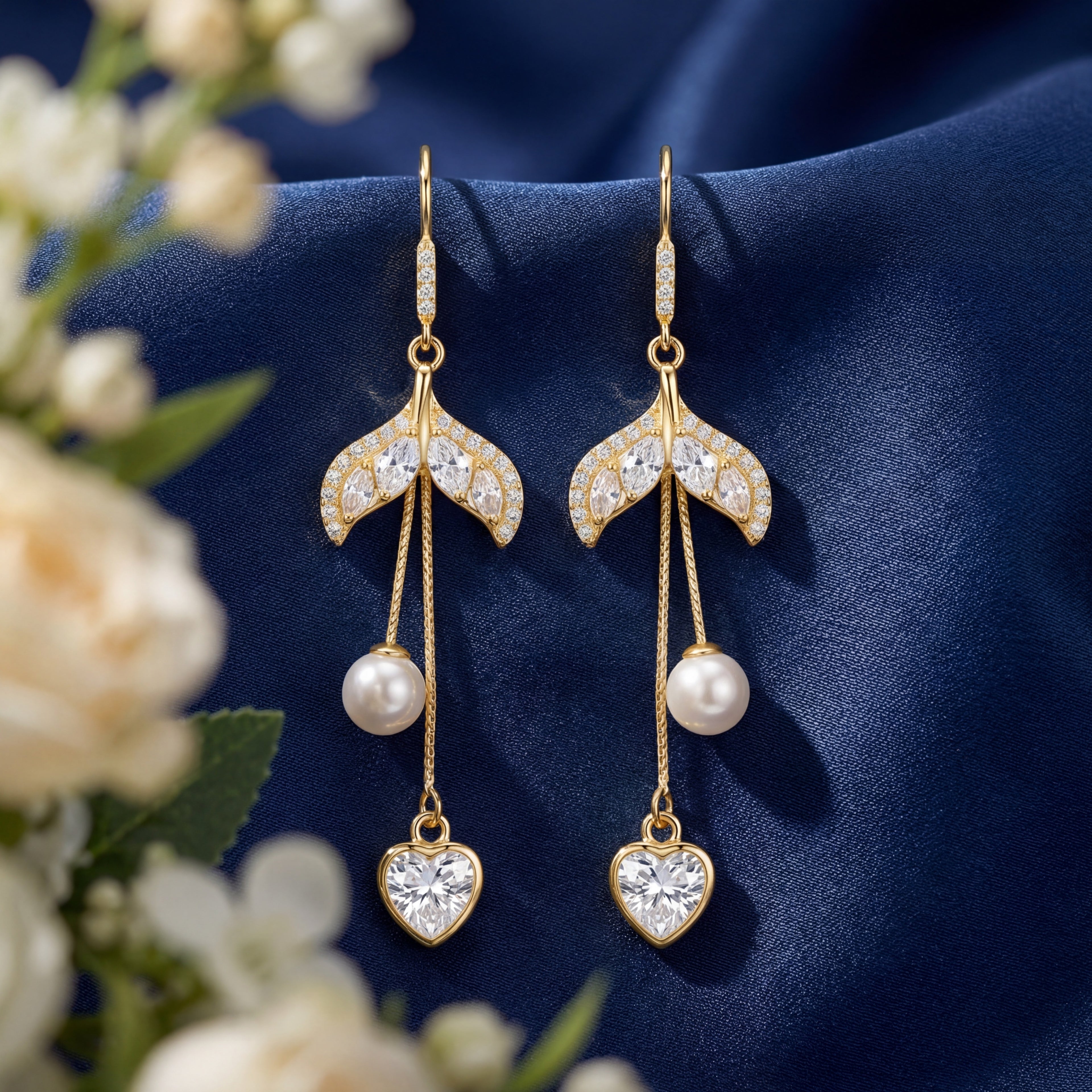 Korean Sparkling Flora & Heart Statement Dangles : YUFSER284