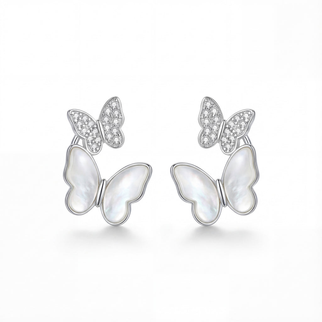 Korean Ethereal Dual Butterfly Pearl & Crystal Studs : YUFSER288