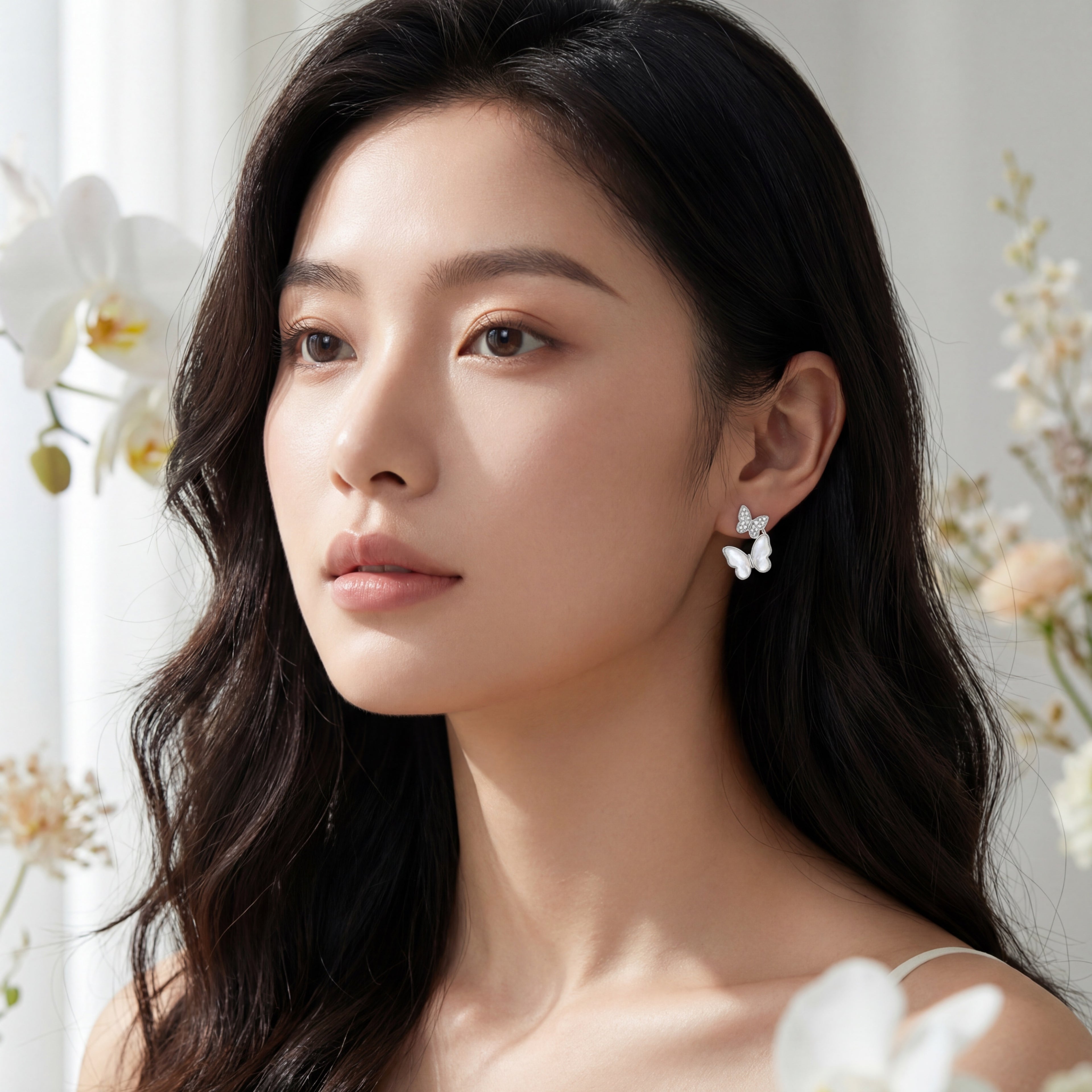 Korean Ethereal Dual Butterfly Pearl & Crystal Studs : YUFSER288