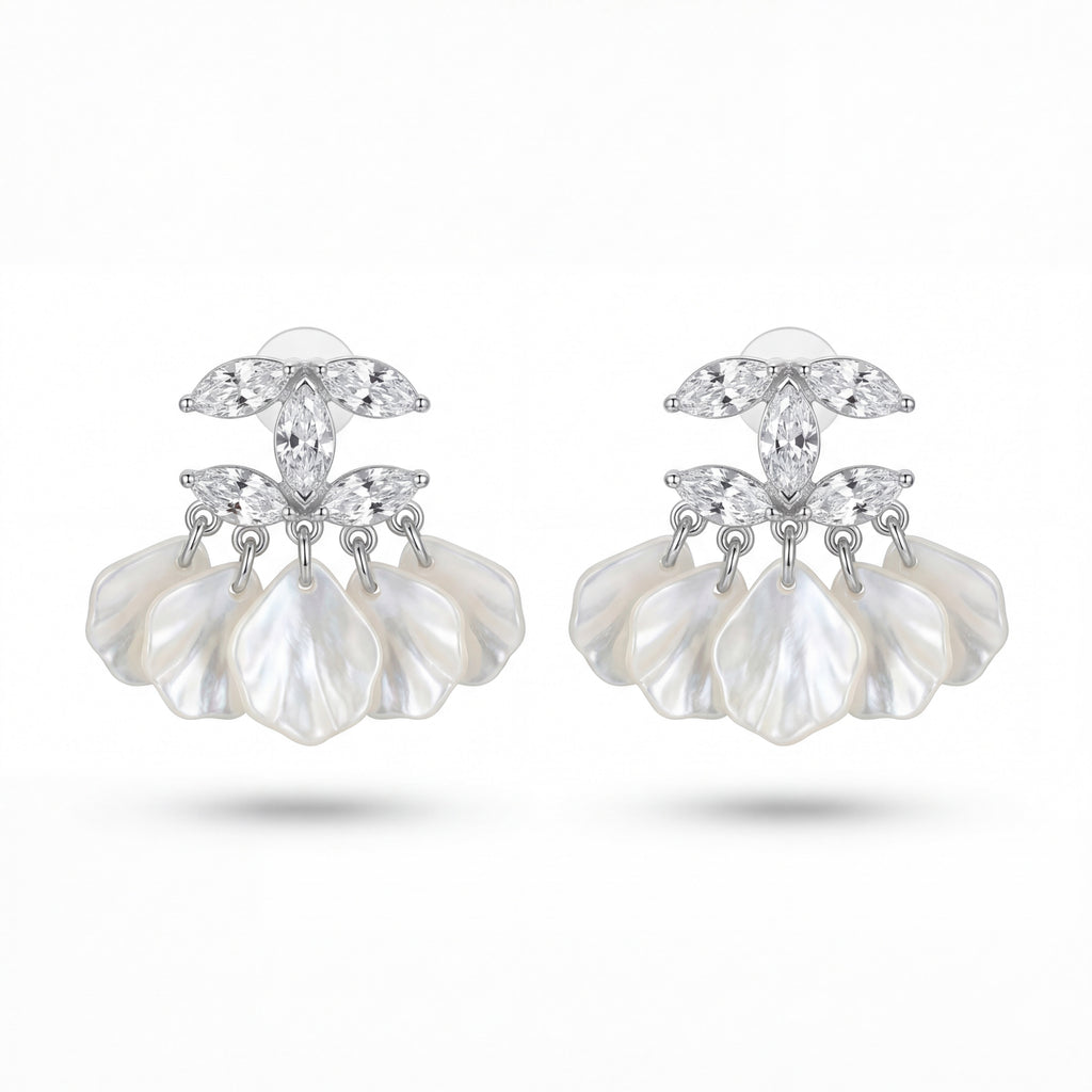 Korean Marquise Crystal & Pearlescent Petal Tassel Earrings : YUFSER294