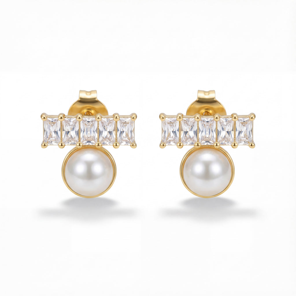 Korean Baguette Crystal & Pearl Drop Stud Earrings : YUFSER295