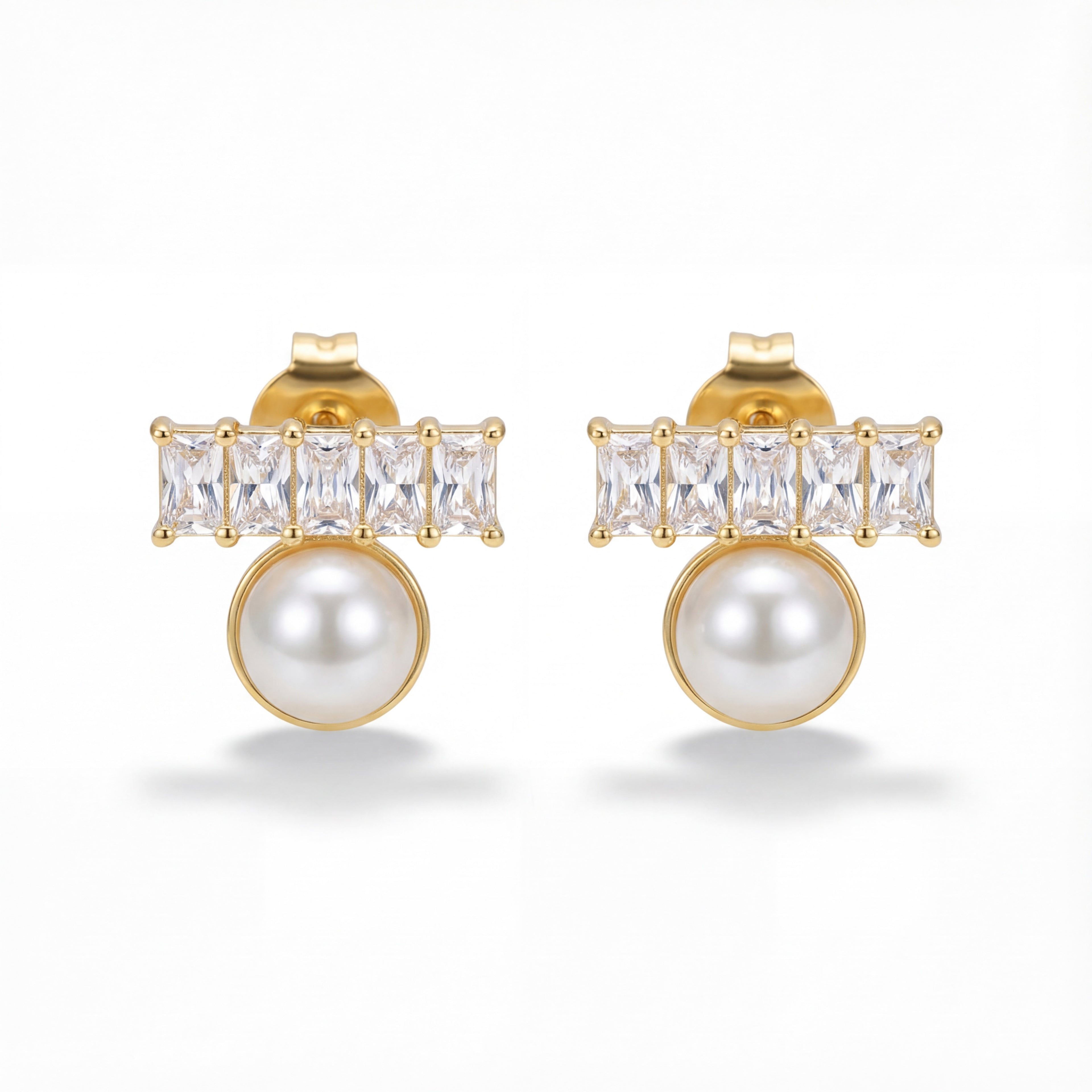 Korean Baguette Crystal & Pearl Drop Stud Earrings : YUFSER295