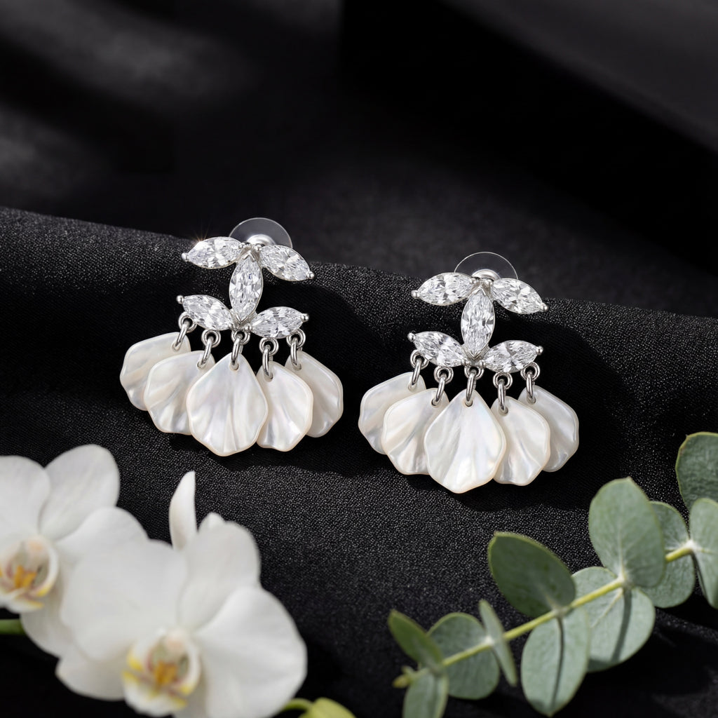Korean Marquise Crystal & Pearlescent Petal Tassel Earrings : YUFSER294