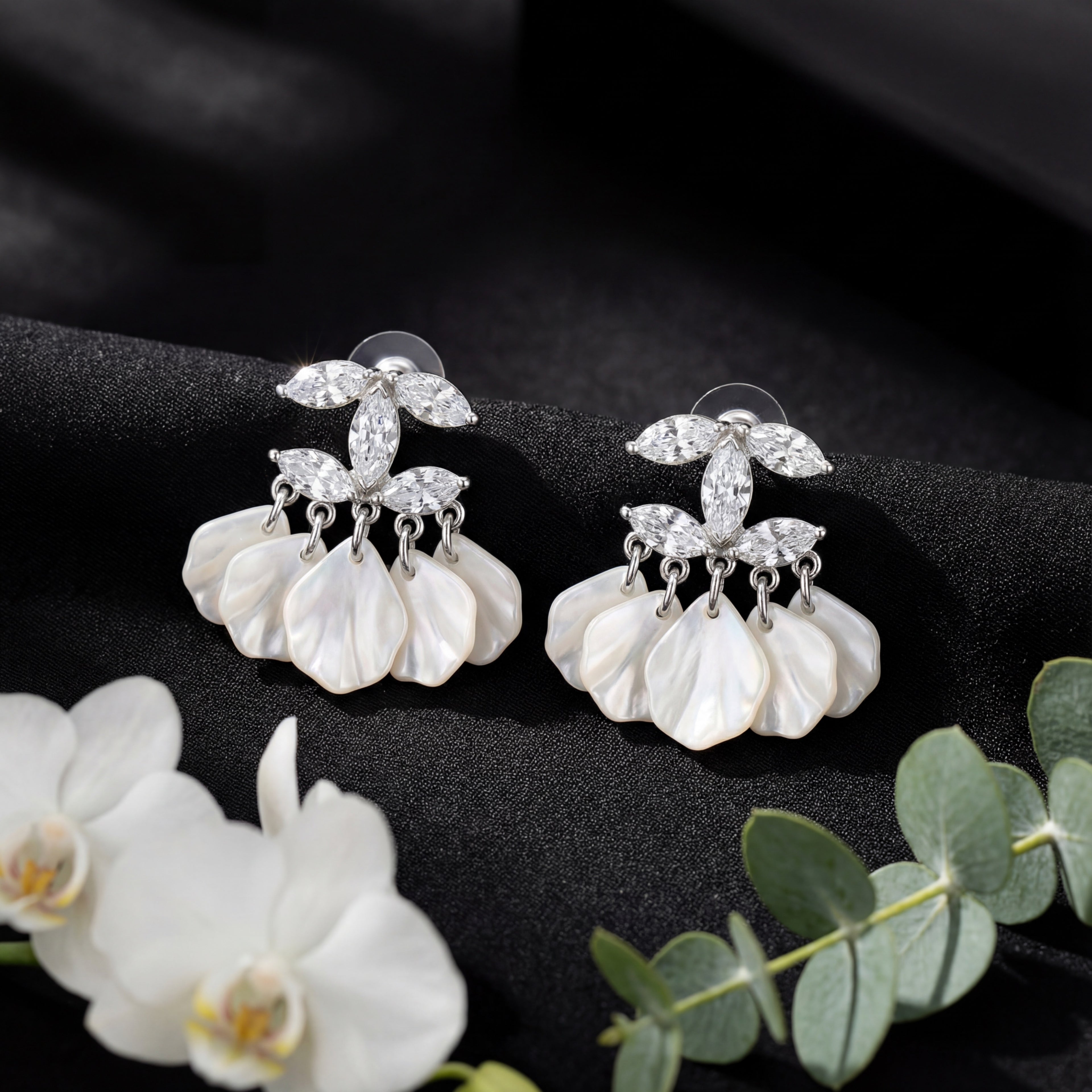 Korean Marquise Crystal & Pearlescent Petal Tassel Earrings : YUFSER294
