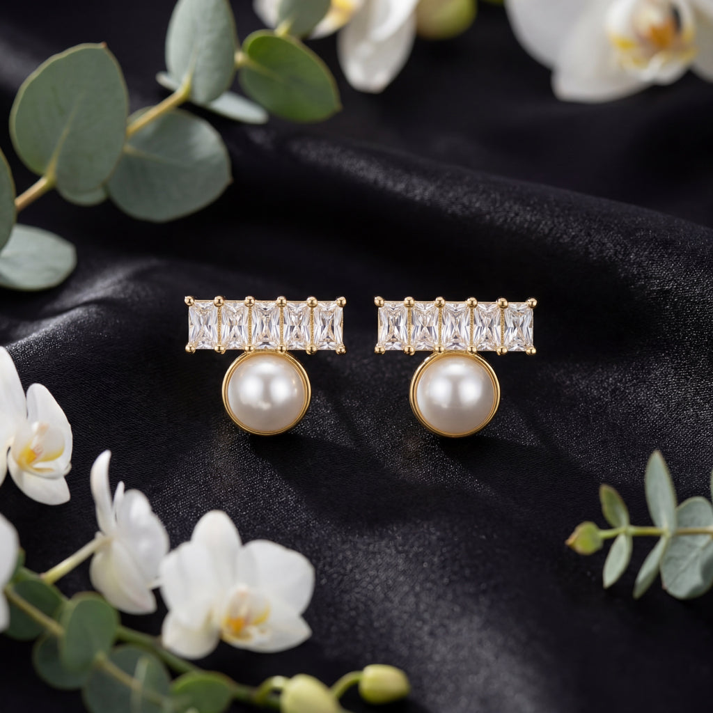Korean Baguette Crystal & Pearl Drop Stud Earrings : YUFSER295