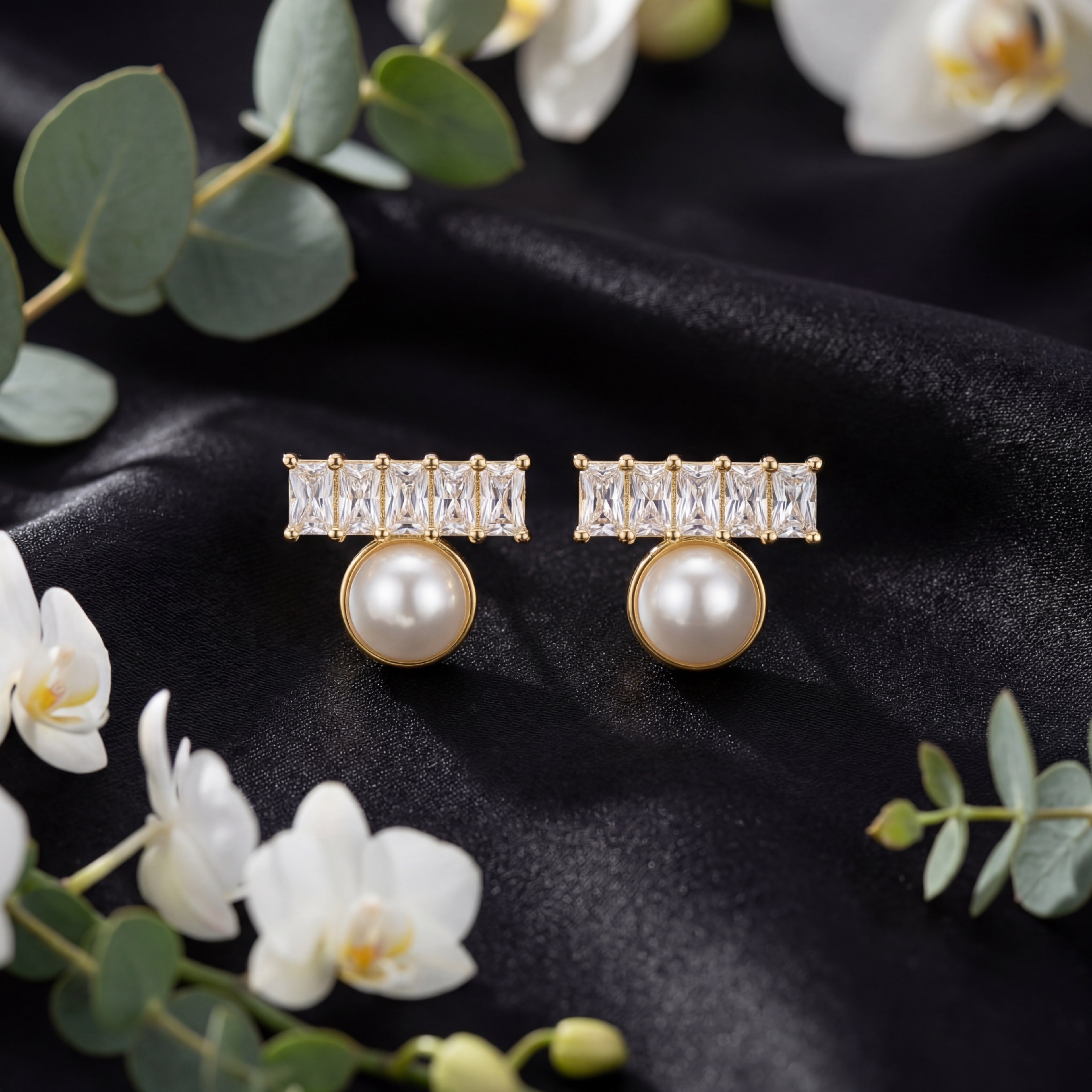 Korean Baguette Crystal & Pearl Drop Stud Earrings : YUFSER295