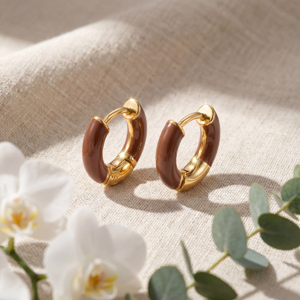 Korean Mocha Enamel & Gold Huggie Hoops : YUFSER292