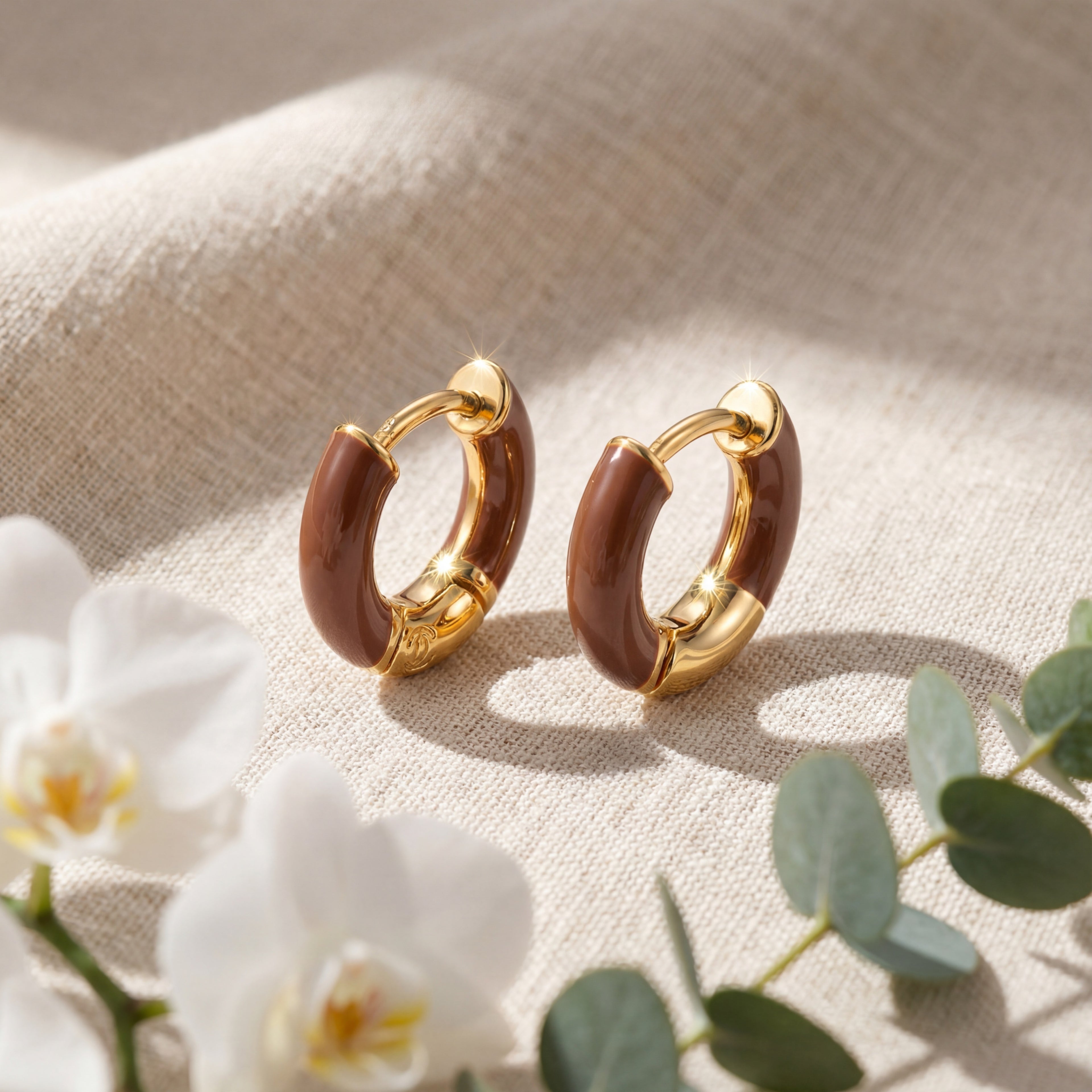 Korean Mocha Enamel & Gold Huggie Hoops : YUFSER292