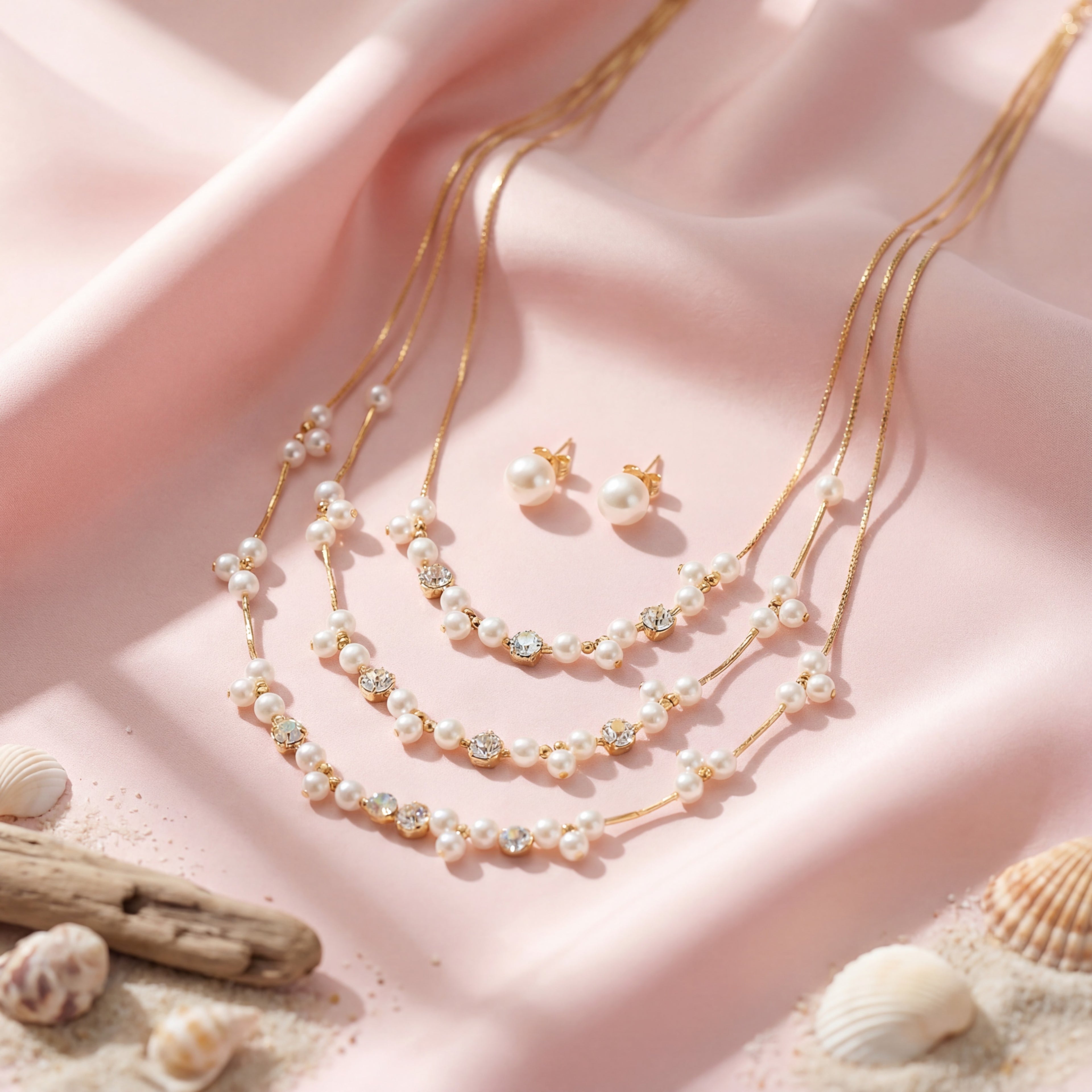 Korean Cascade Layered Pearl & Crystal Jewelry Set : YUFSNS006