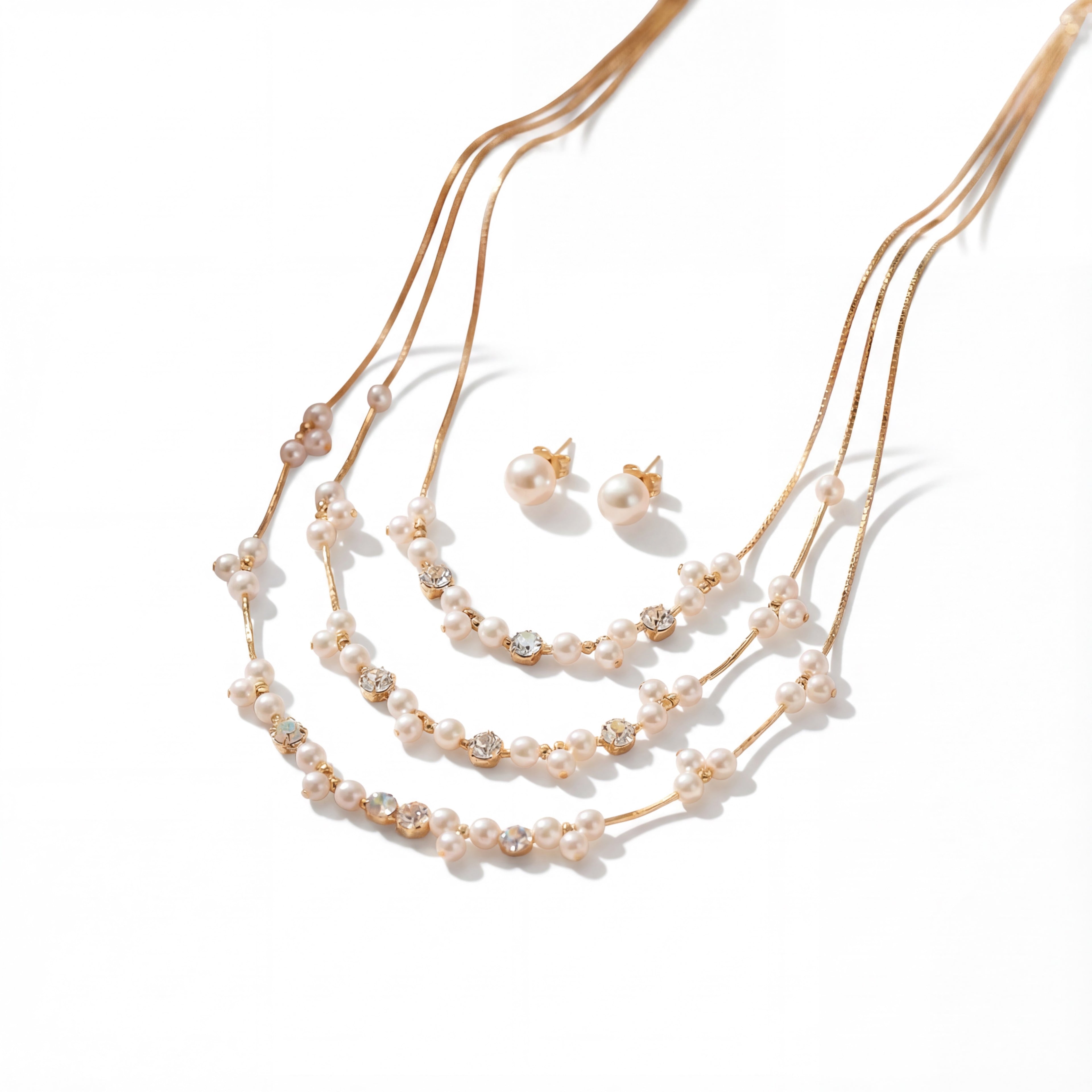Korean Cascade Layered Pearl & Crystal Jewelry Set : YUFSNS006
