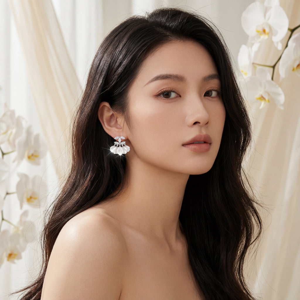 Korean Marquise Crystal & Pearlescent Petal Tassel Earrings : YUFSER294