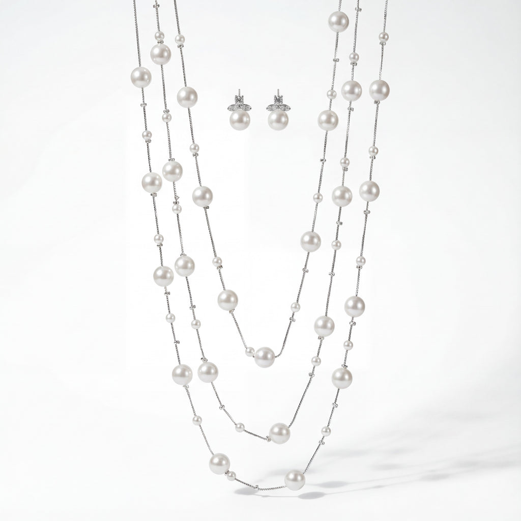 Korean Cascade Layered Pearl Jewelry Set : YUFSNS011