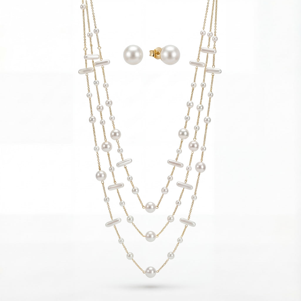 Korean Golden Layered Multi-Shape Pearl Jewelry Set : YUFSNS012