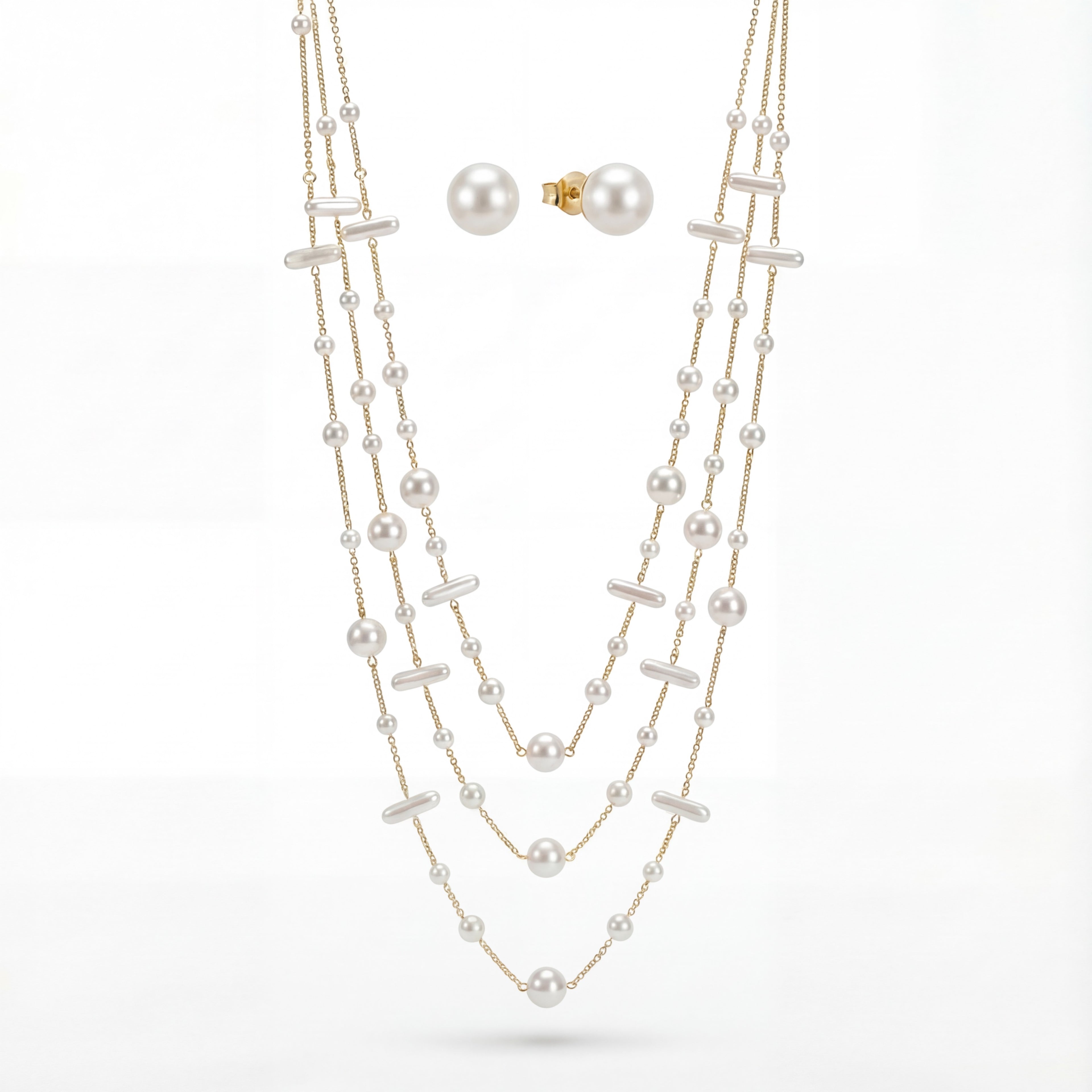Korean Golden Layered Multi-Shape Pearl Jewelry Set : YUFSNS012
