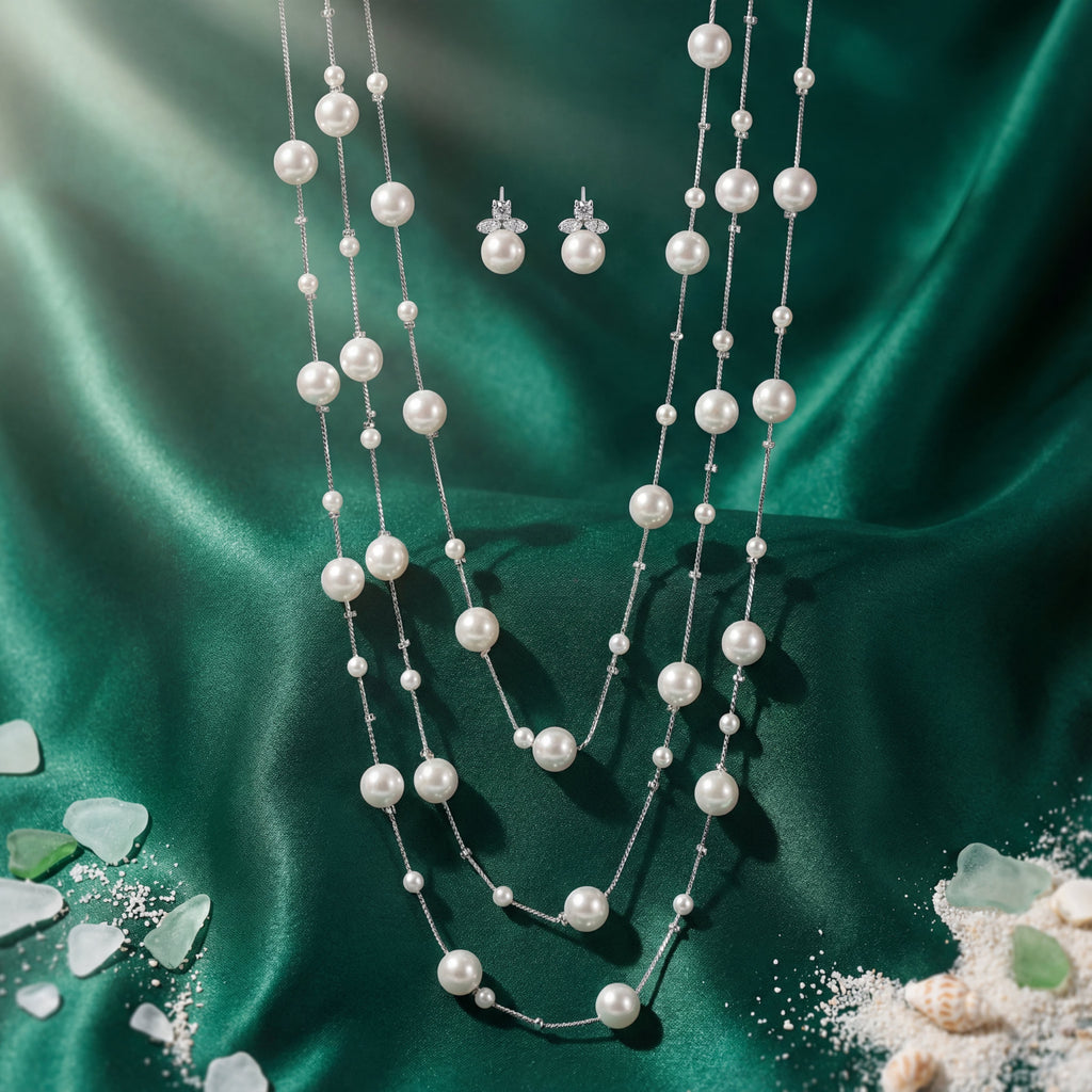 Korean Cascade Layered Pearl Jewelry Set : YUFSNS011