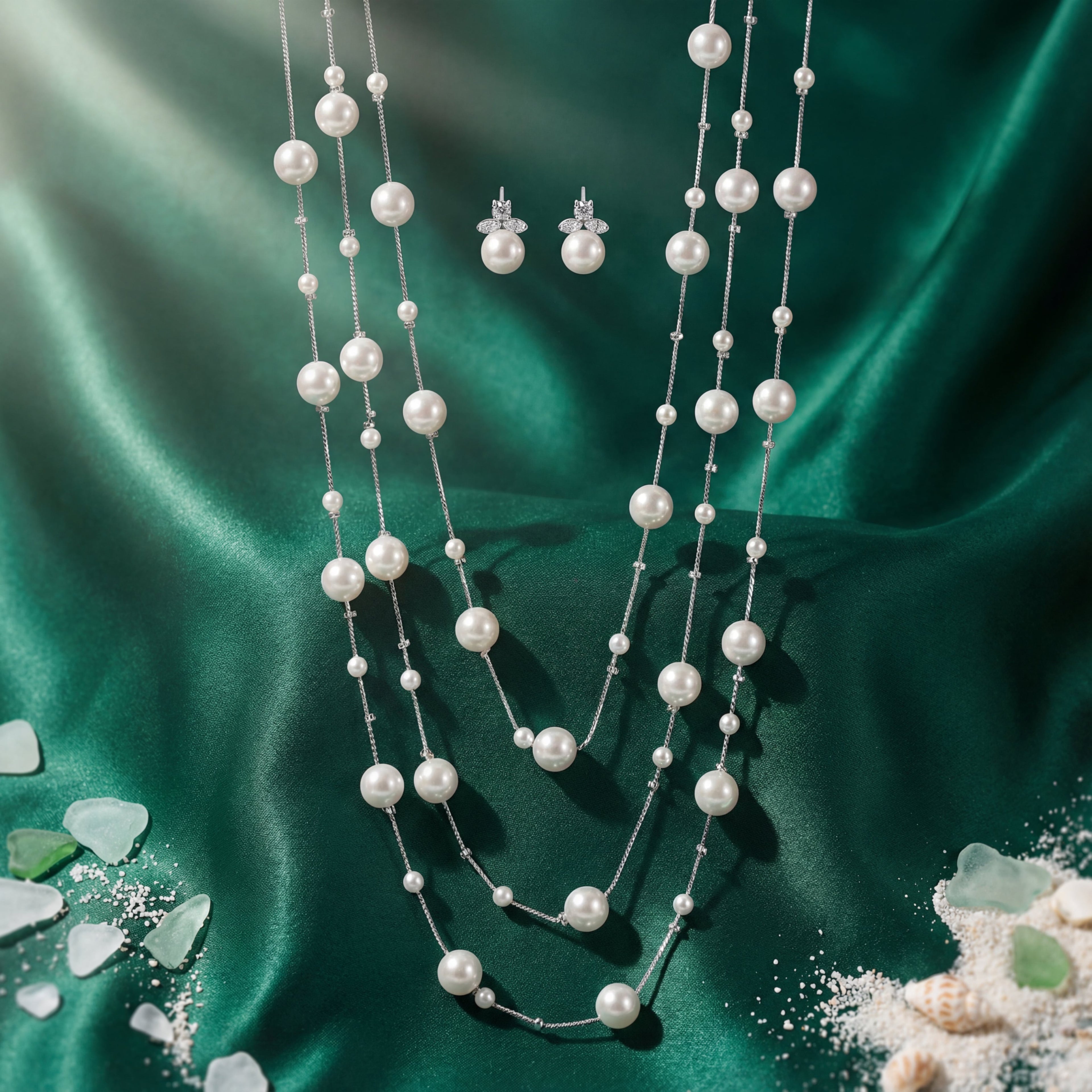 Korean Cascade Layered Pearl Jewelry Set : YUFSNS011