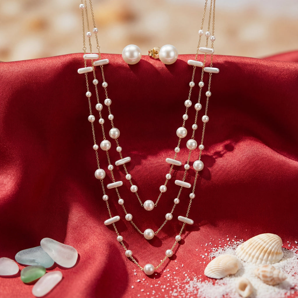 Korean Golden Layered Multi-Shape Pearl Jewelry Set : YUFSNS012