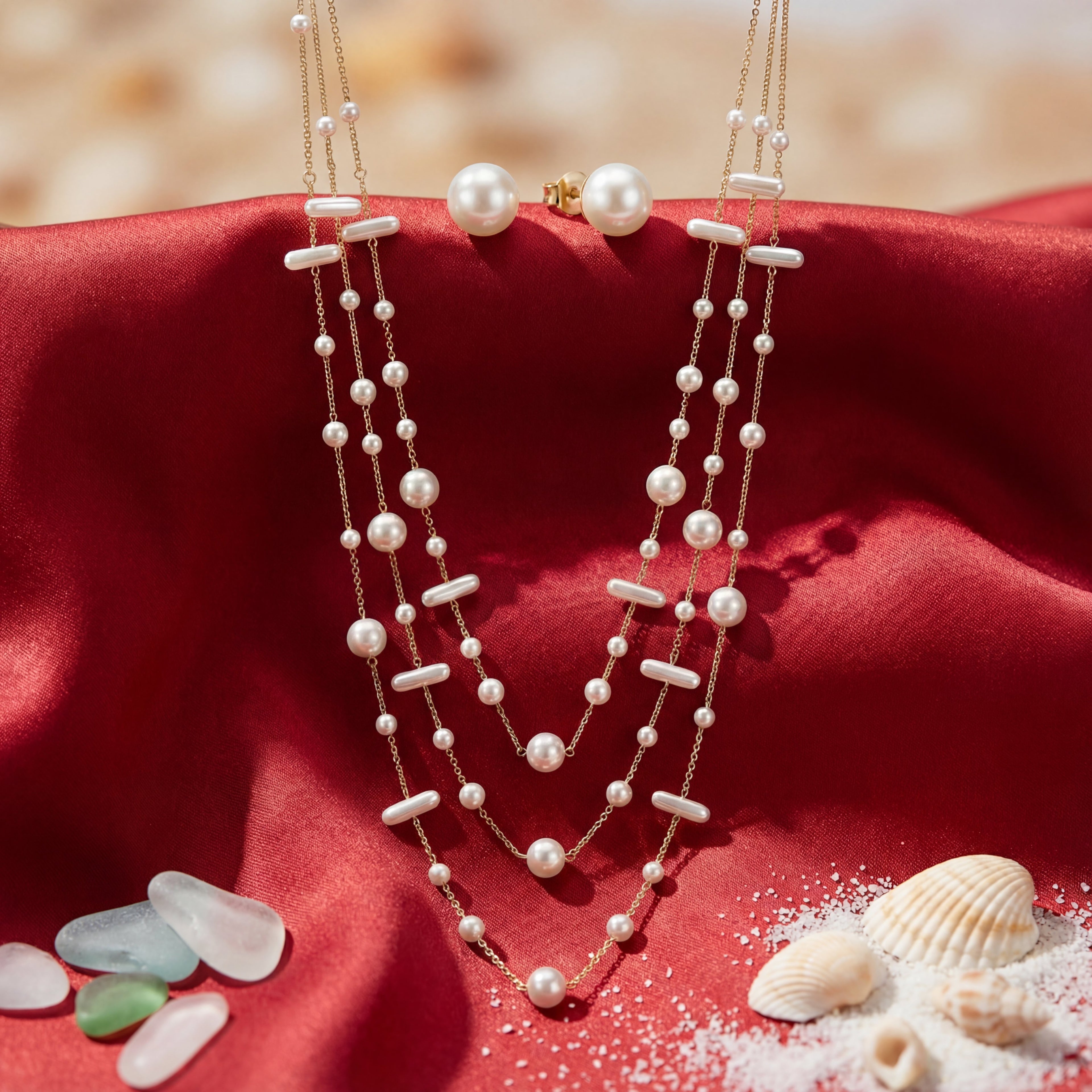 Korean Golden Layered Multi-Shape Pearl Jewelry Set : YUFSNS012