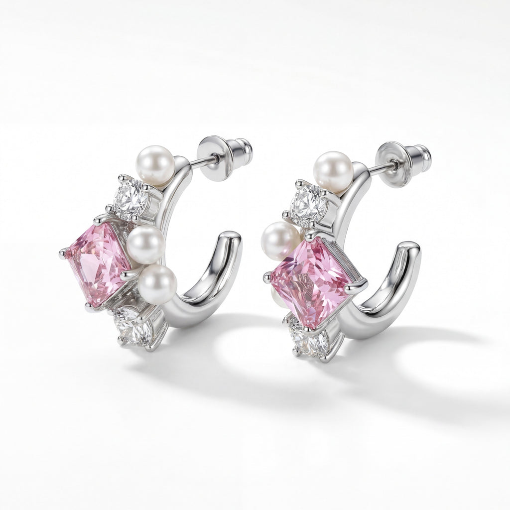 Korean Rose Quartz & Pearl Celestial J-Hoops : YUFSER296