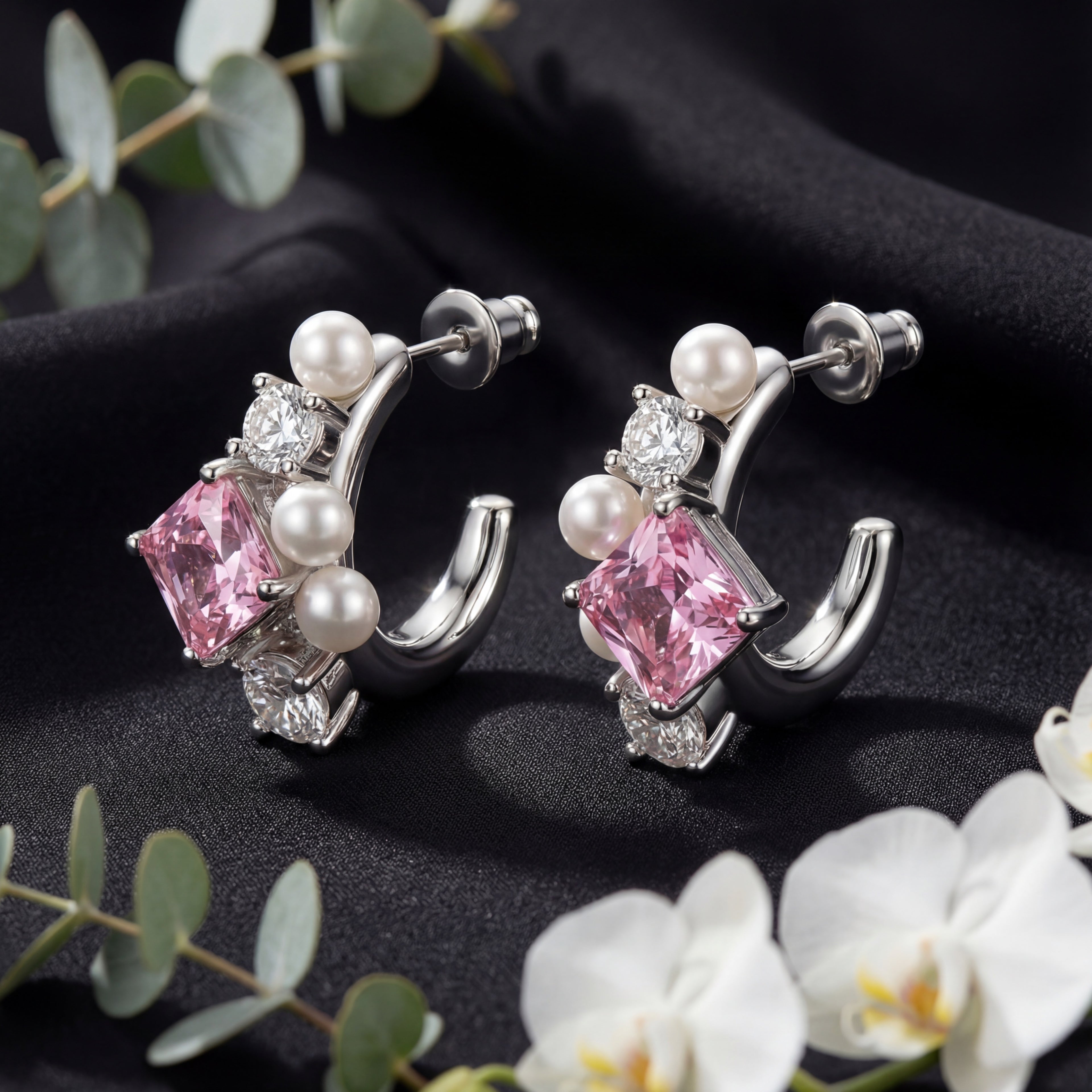 Korean Rose Quartz & Pearl Celestial J-Hoops : YUFSER296