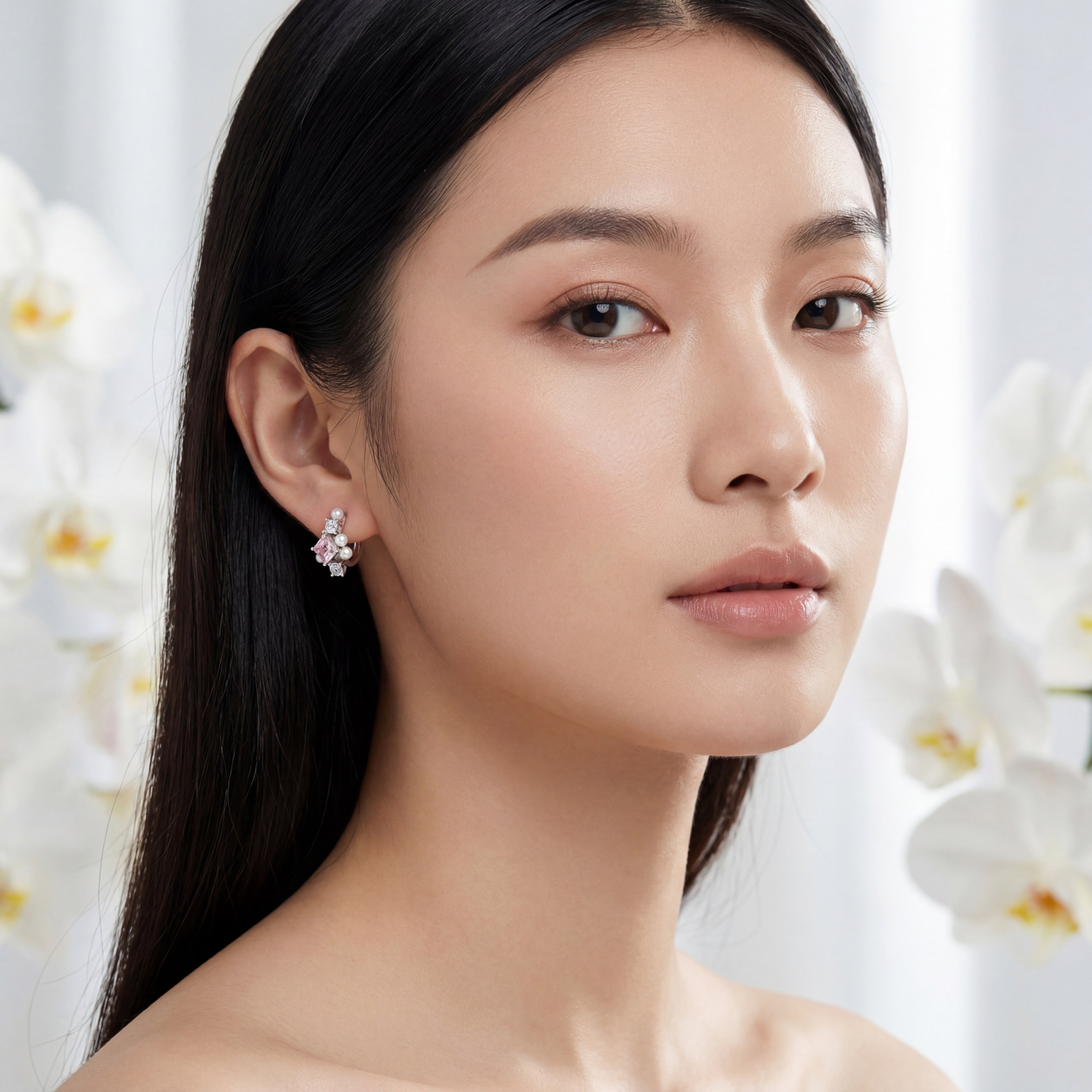 Korean Rose Quartz & Pearl Celestial J-Hoops : YUFSER296