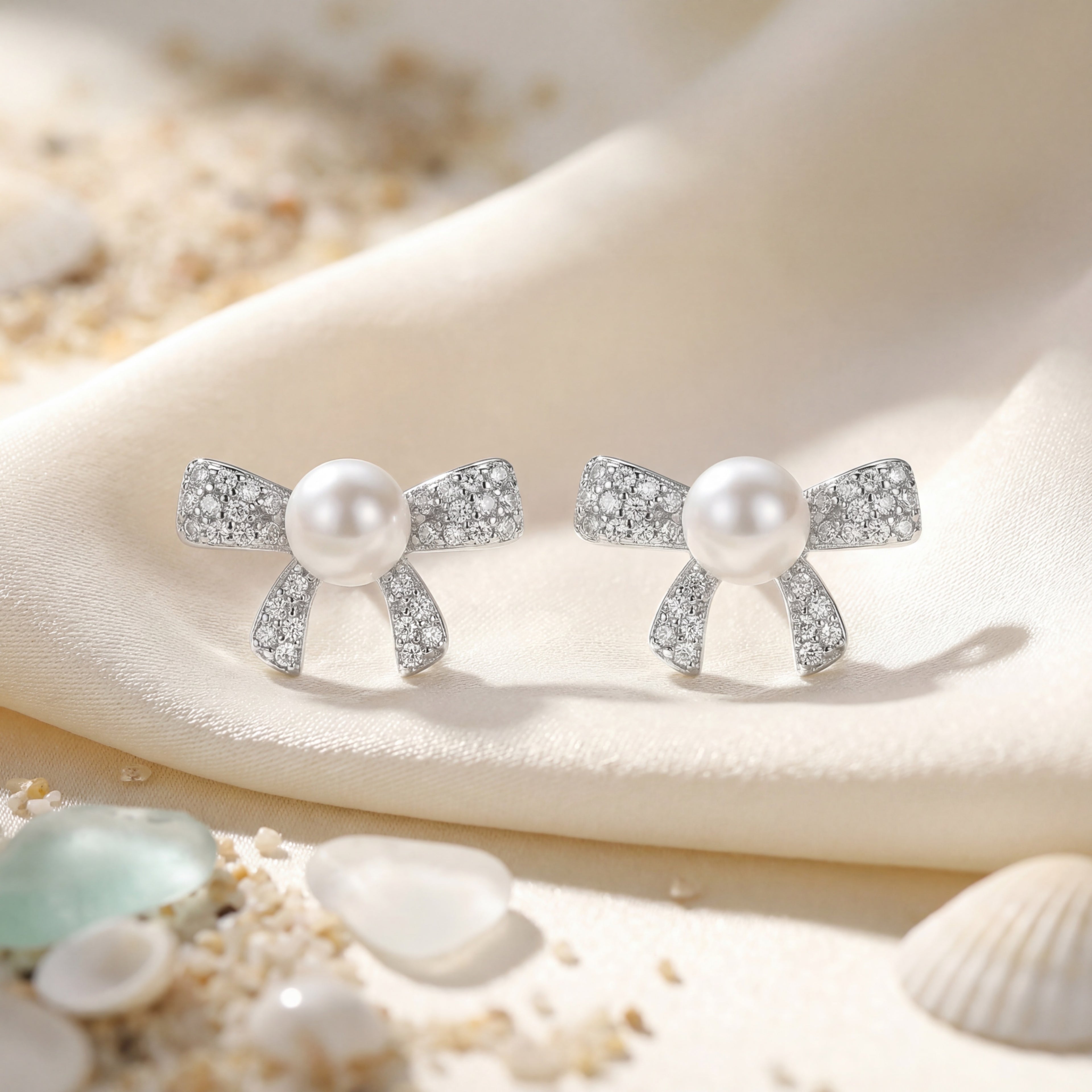 Korean  Bow & Pearl Stud Earrings : YUFSER003-SL