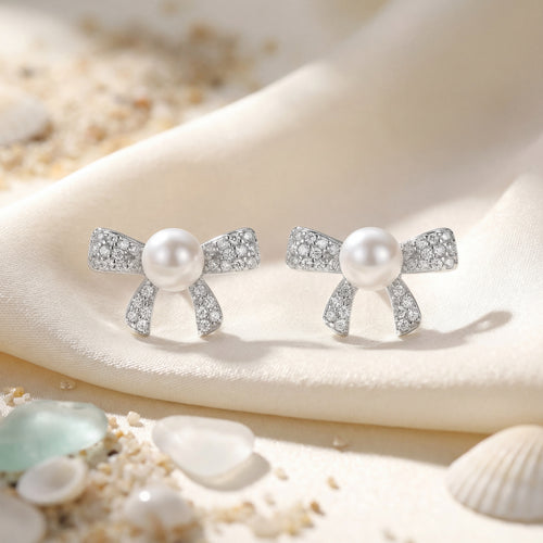 Korean  Bow & Pearl Stud Earrings : YUFSER003-SL