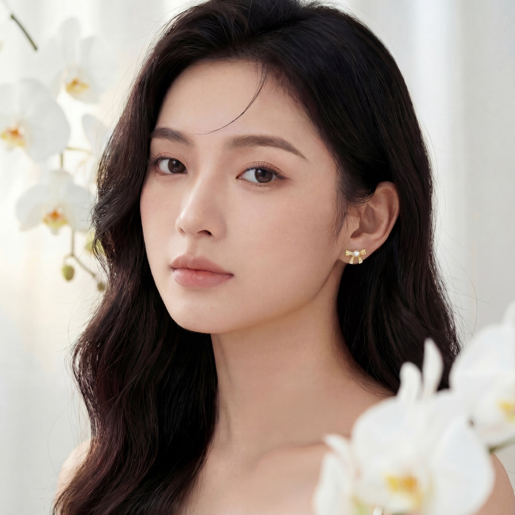 Korean  Bow & Pearl Stud Earrings : YUFSER003-YG