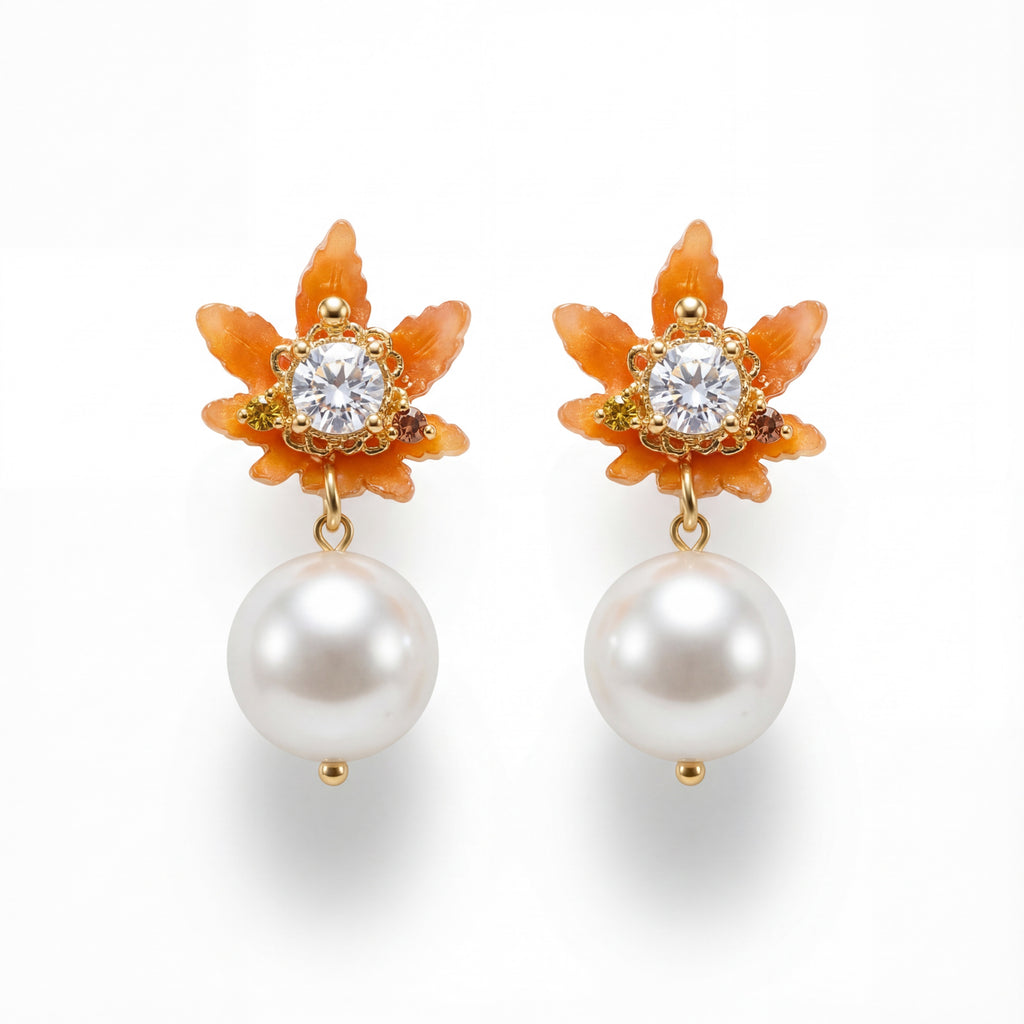 Korean Autumn Breeze Pearl & Amber Leaf Drops : YUFSER301