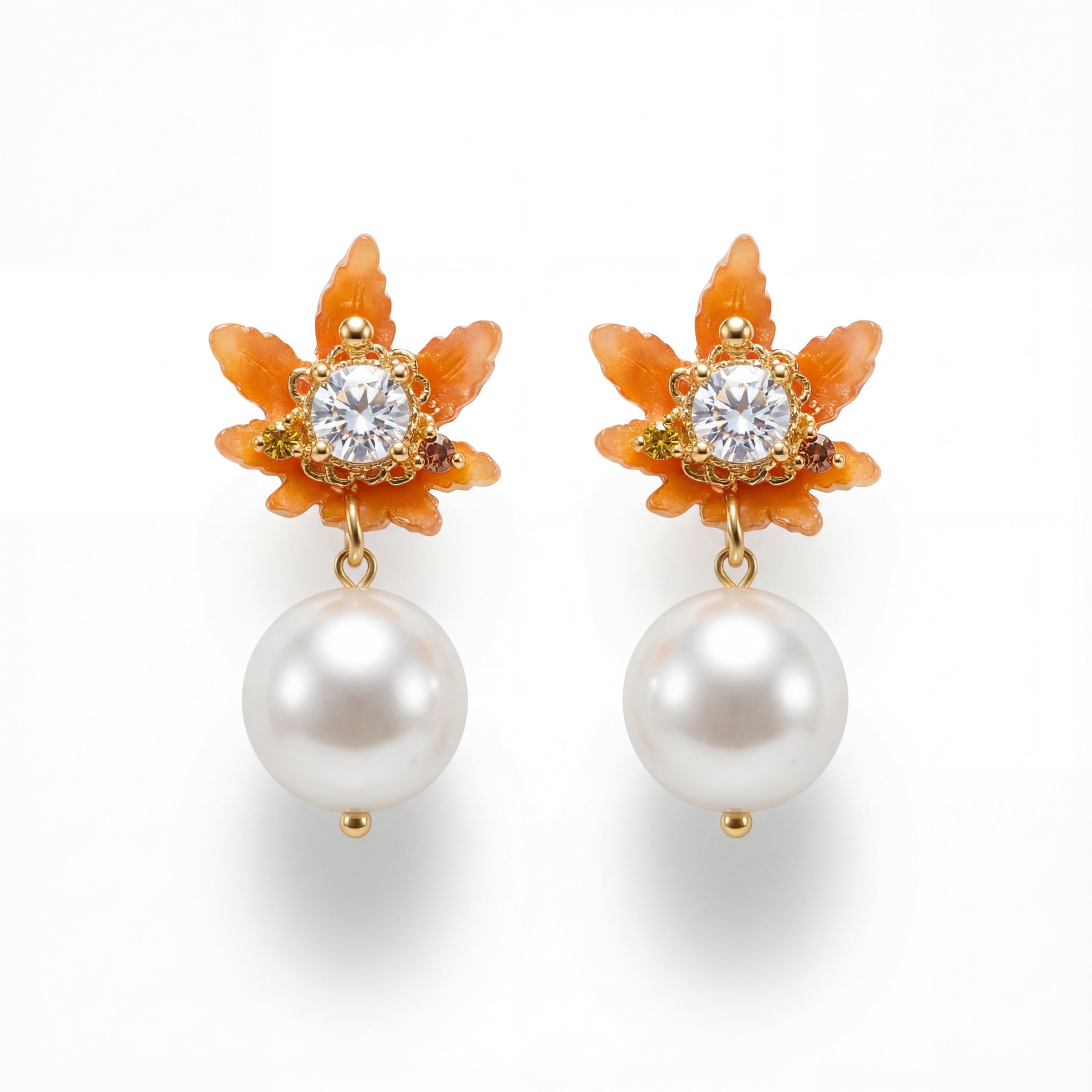Korean Autumn Breeze Pearl & Amber Leaf Drops : YUFSER301