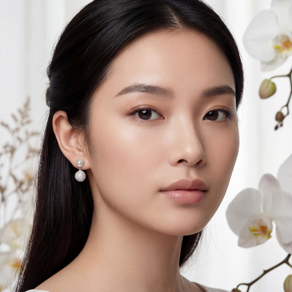 Korean  Orb & Pearl Drop Earrings : YUFSER004-SL