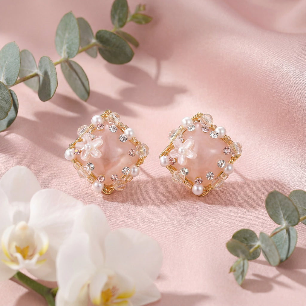 Korean Blush Garden Square Studs : YUFSER305