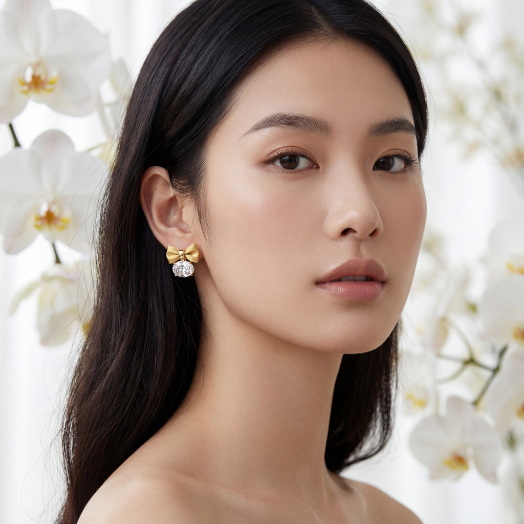 Korean Silk Ribbon & Radiant Crystal Studs : YUFSER006-YG