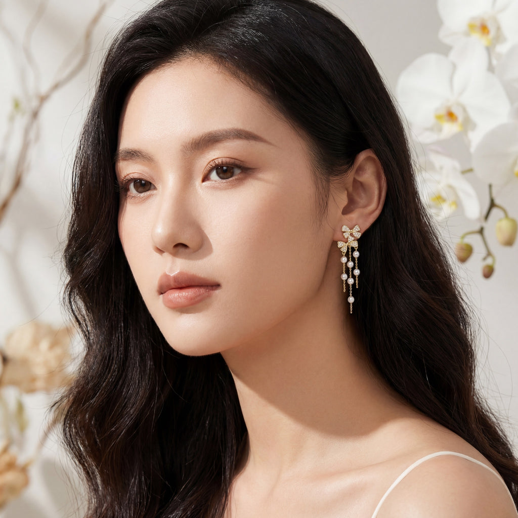 Korean Bow & Shimmering Pearl Drop Earring : YUFSER009-YG
