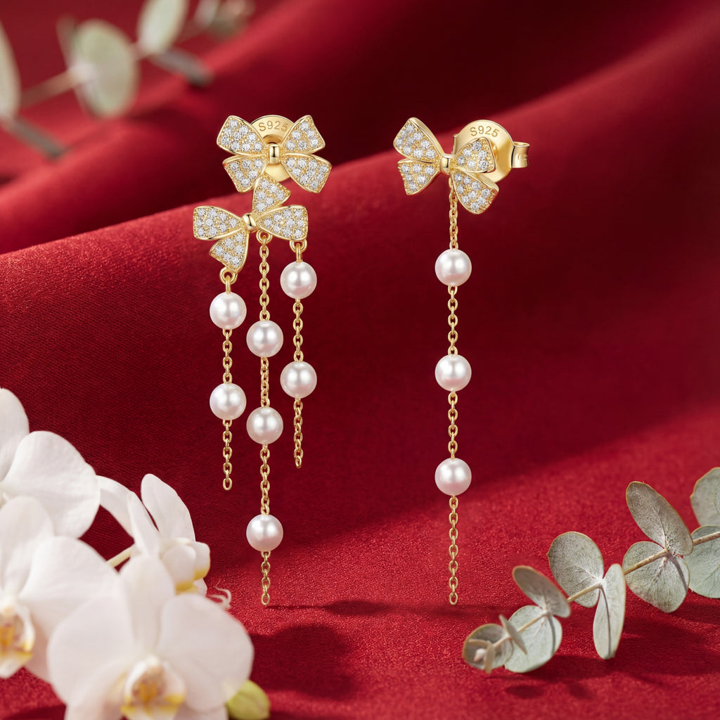 Korean Bow & Shimmering Pearl Drop Earring : YUFSER009-YG