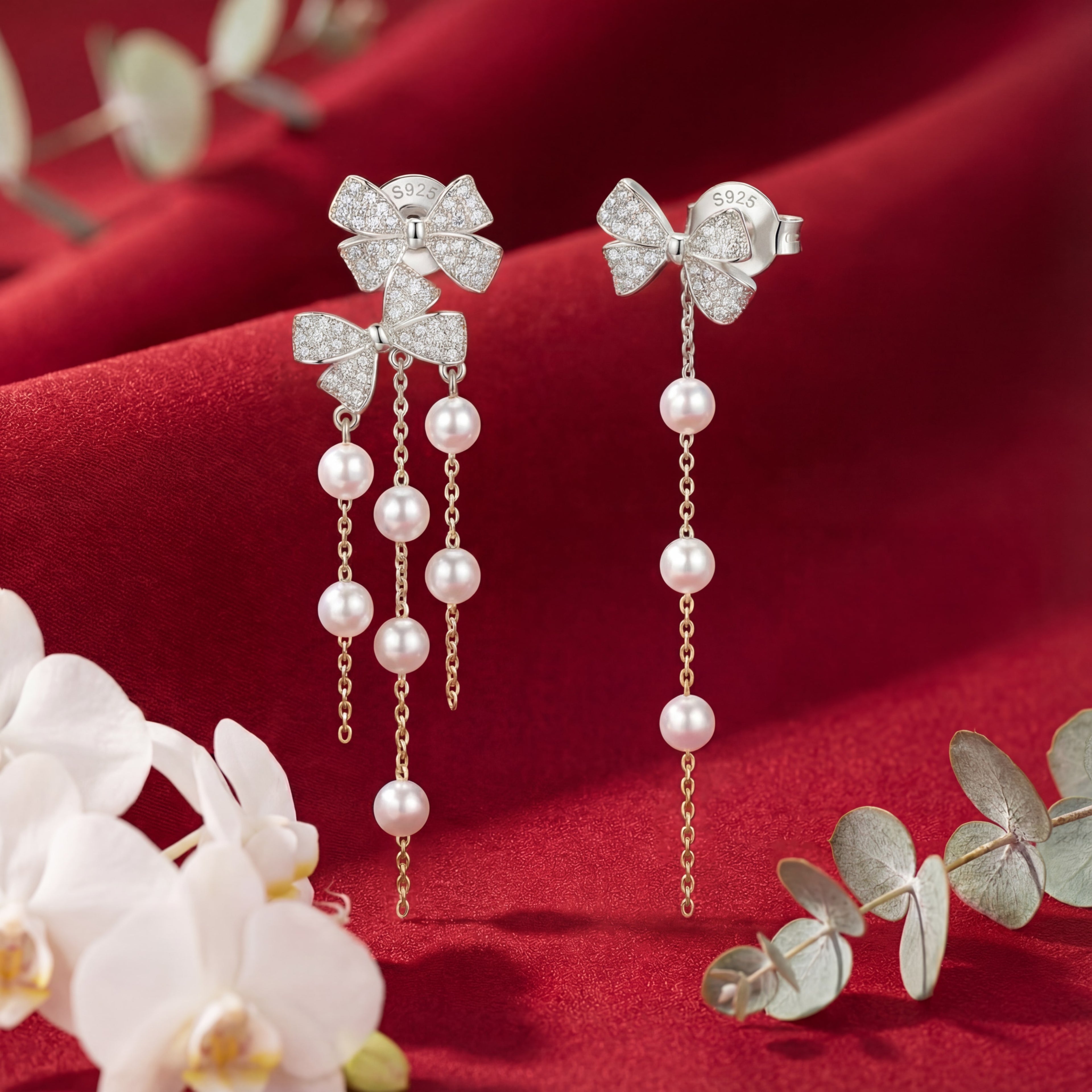 Korean Bow & Shimmering Pearl Drop Earring : YUFSER009-SL