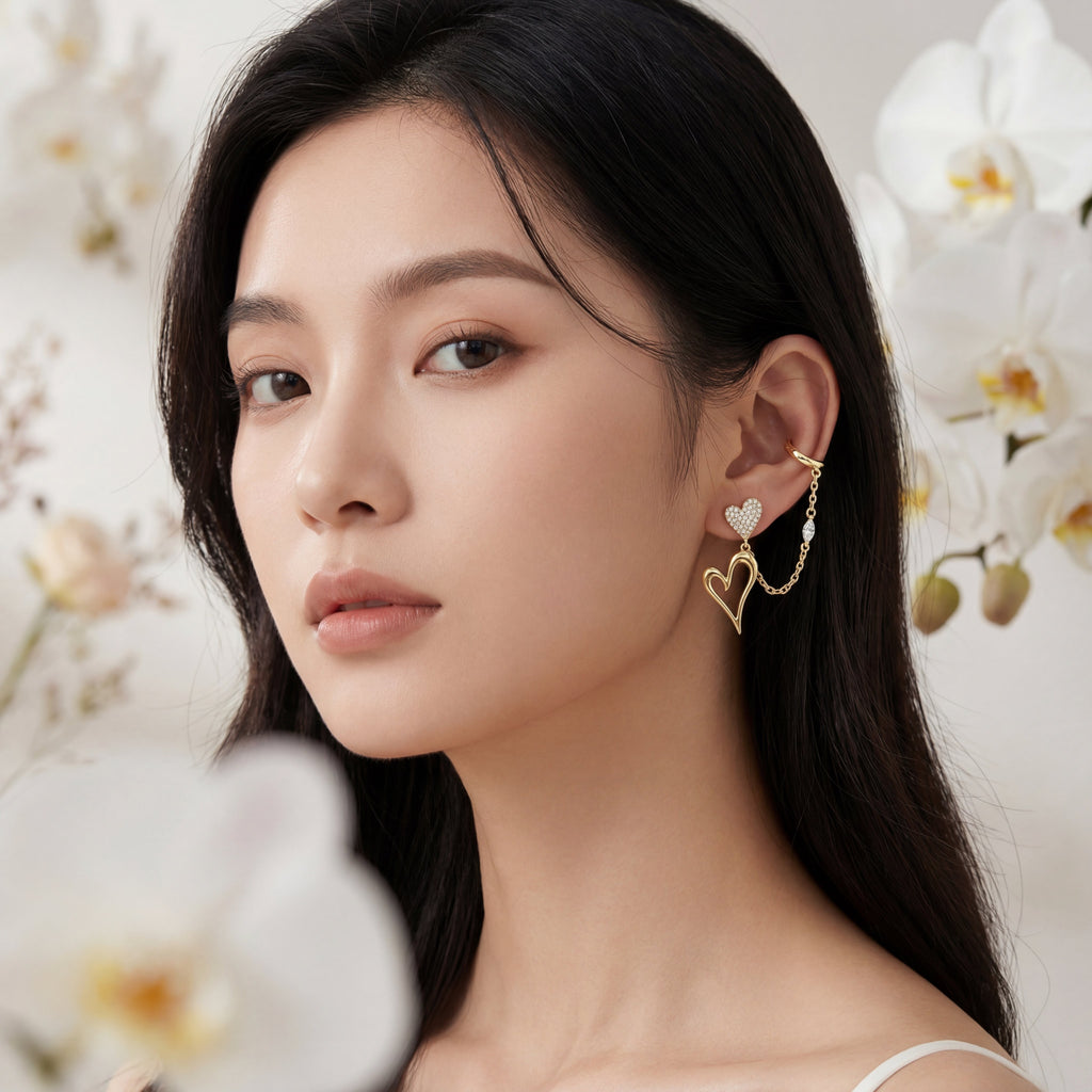Korean Heart Chain Ear Cuff & Stud : YUFSER010-YG
