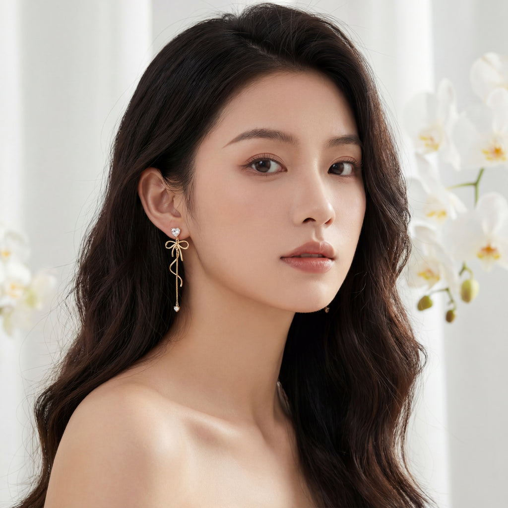 Korean Heart & Ribbon Long Dangles : YUFSER335