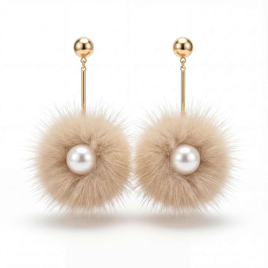 Korean Ribbon Bow & Fur Pom-Pom Earrings : YUFSER340