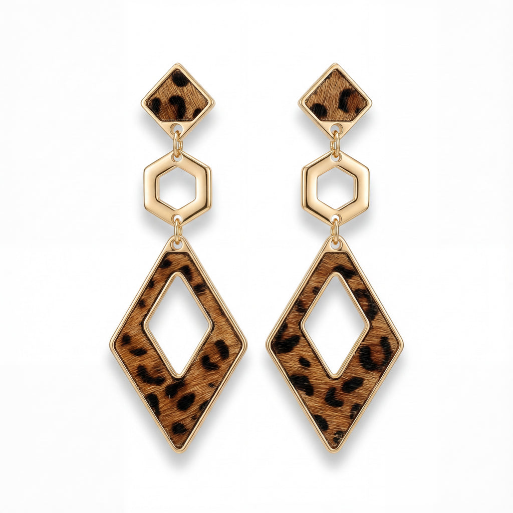Korean Safari Chic Leopard Print & Geometric Triple Drop Earrings : YUFSER348