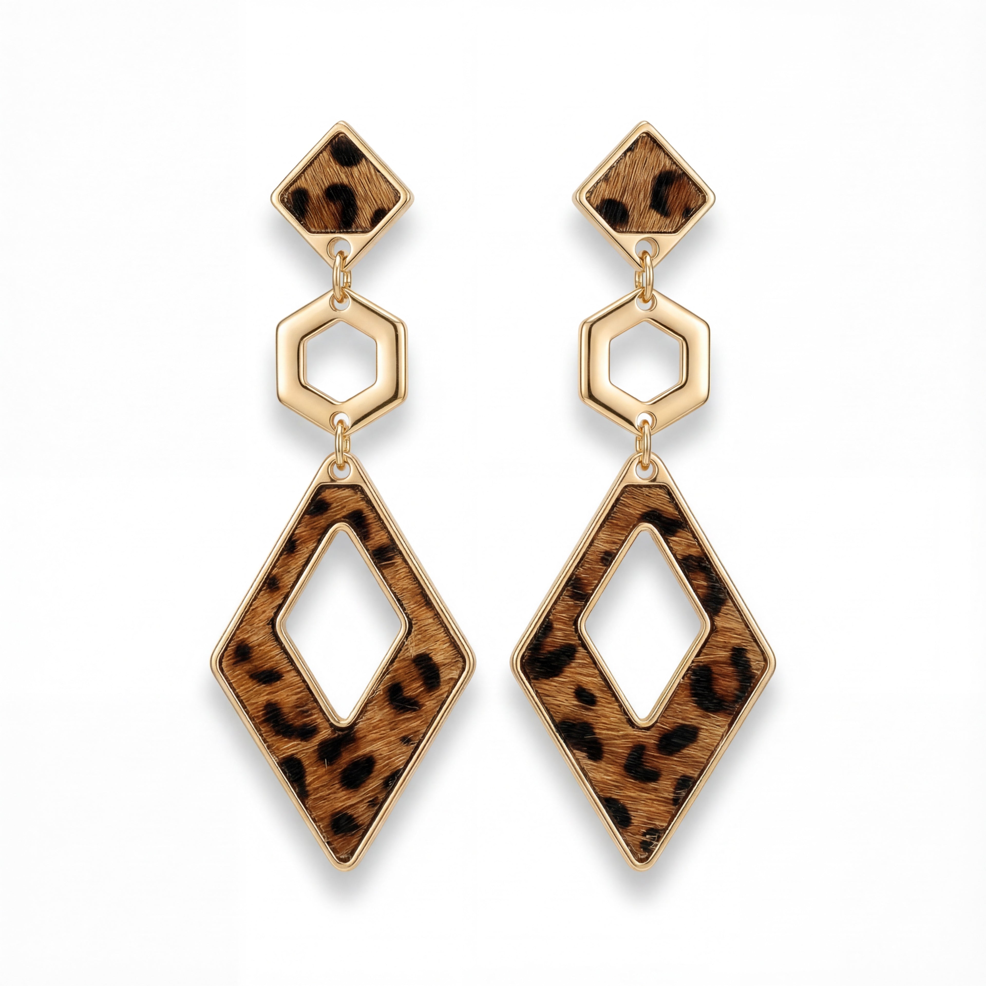 Korean Safari Chic Leopard Print & Geometric Triple Drop Earrings : YUFSER348
